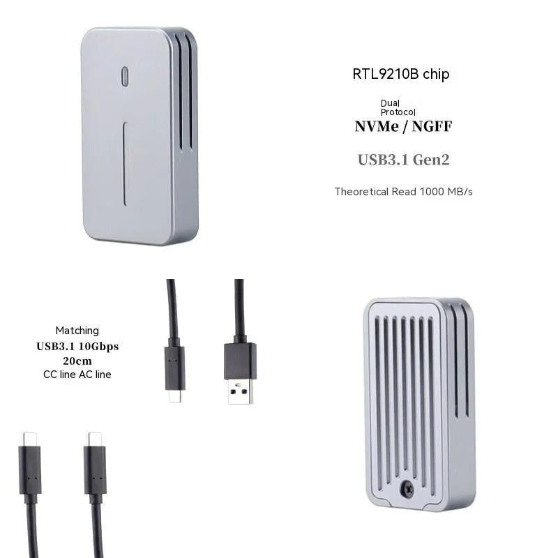 Aluminium alloy external SSD enclosure with CNC-machined shell showing dual protocol support and compact dimensions