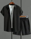 Jacquard short sleeve suit set in chemical fibre blend fabric available in beige, black, grey, or white