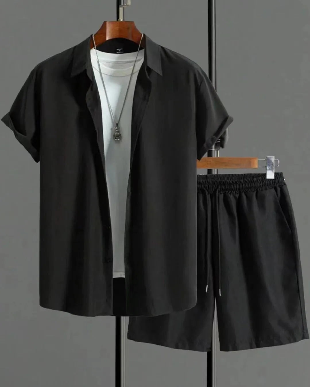 Jacquard short sleeve suit set in chemical fibre blend fabric available in beige, black, grey, or white