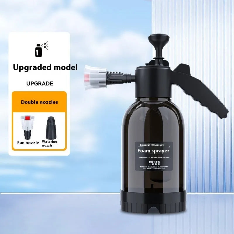 Black hand-held foam watering can with switch lock and two nozzles for garden and vehicle use
