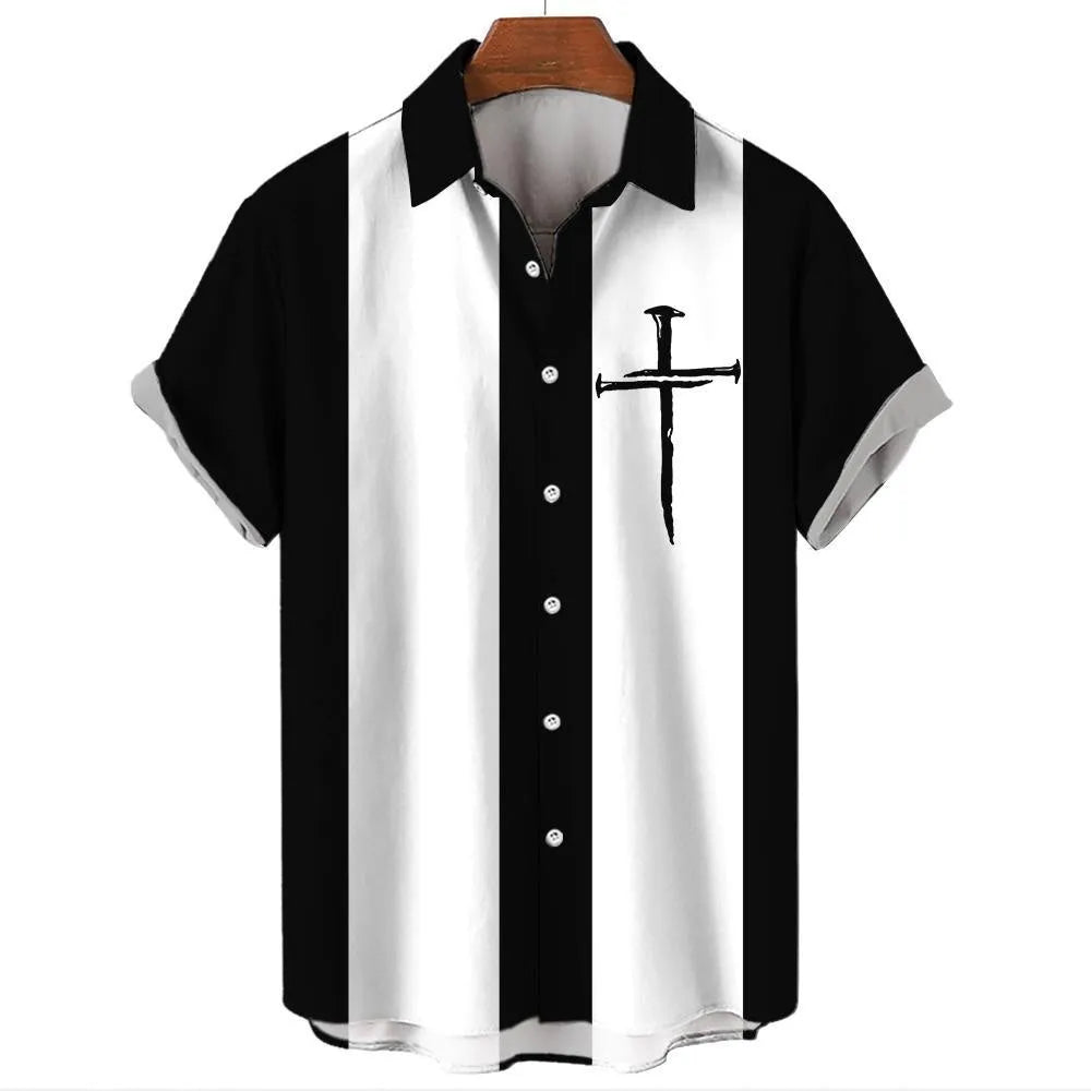 Men's striped Hawaiian short sleeve button-up shirt in a four-sided elastic fabric.