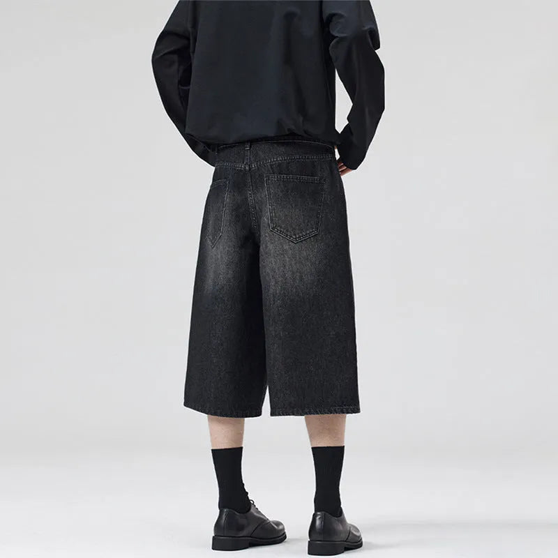 Men's light blue cotton denim cropped trousers with straight-leg loose fit