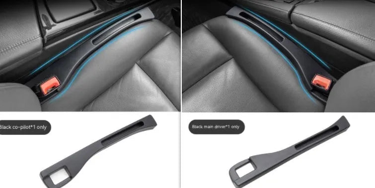 Black plastic car seat gap storage pocket with handle placed between vehicle seats.
