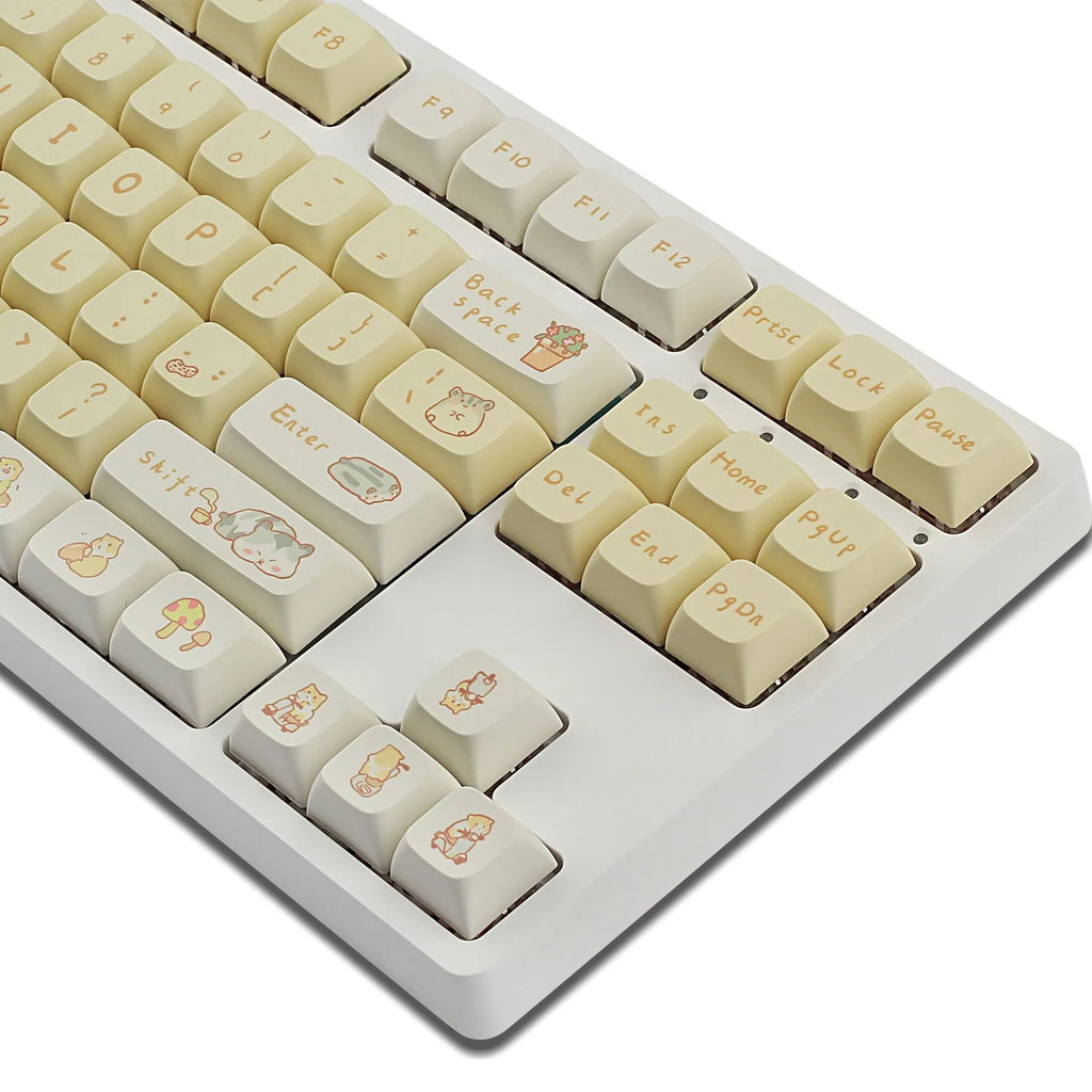 XDA profile mechanical keyboard keycaps in custard colour with mouse grey and yellow designs