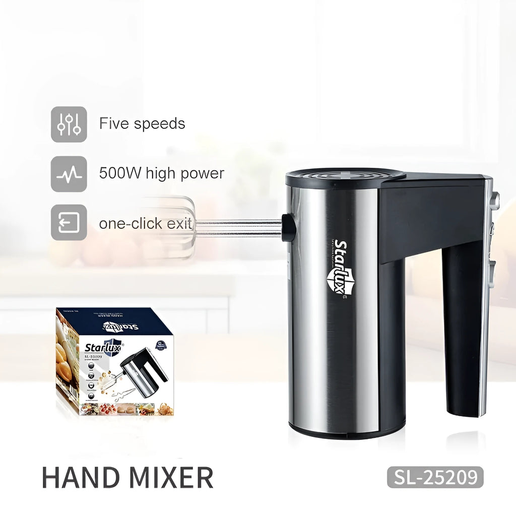 Silver and black handheld electric food mixer with two metal beaters, model SL-25209.