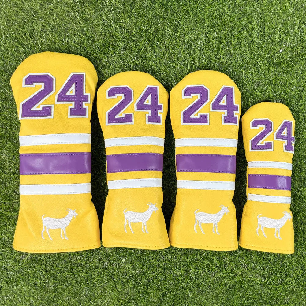 Set of four PU golf club headcovers for driver, fairway woods, hybrid, and putter in assorted colours.
