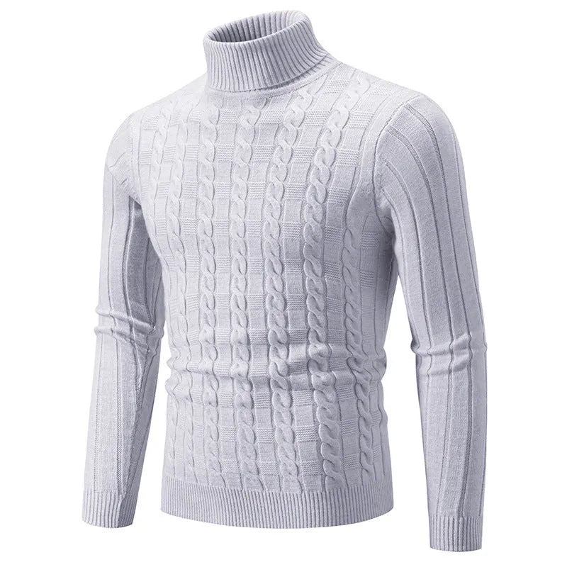 Men's slim fit twist turtleneck pullover sweater in Chenille fabric shown in neutral colour options