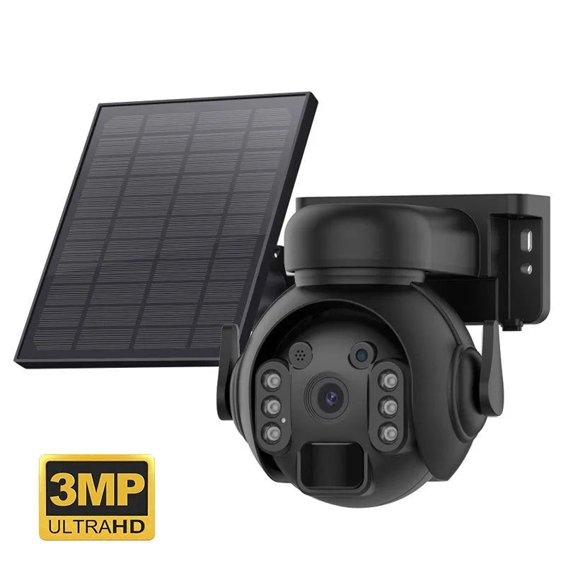 Outdoor solar security camera with camouflage finish showing integrated solar panel and lens