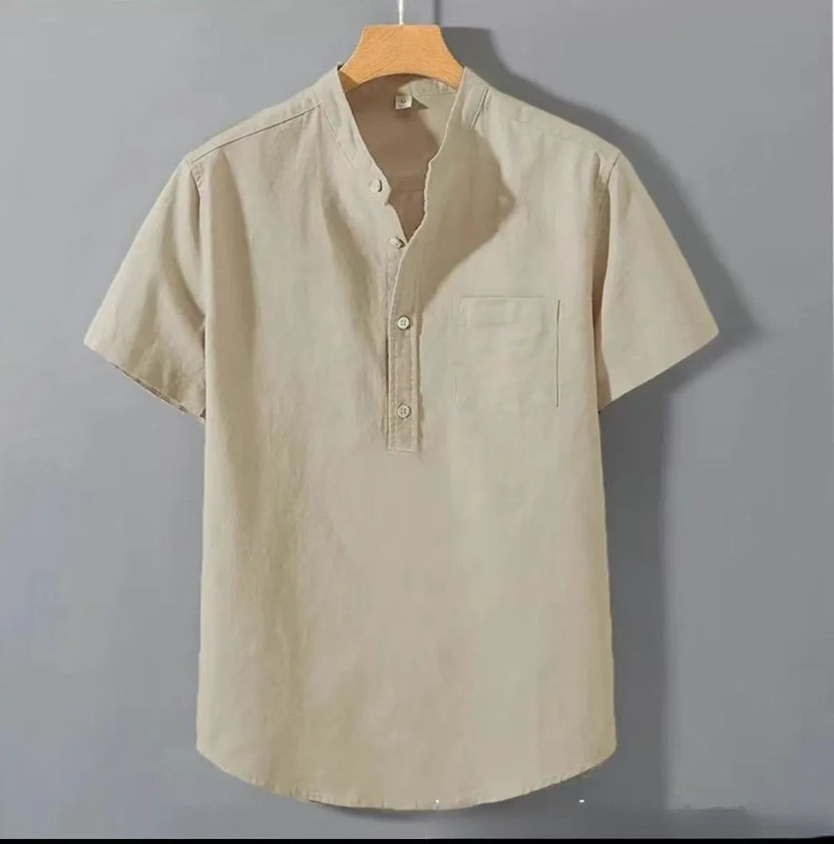 Men's casual short sleeve linen shirt with stand collar in slub fabric, loose fit pullover style