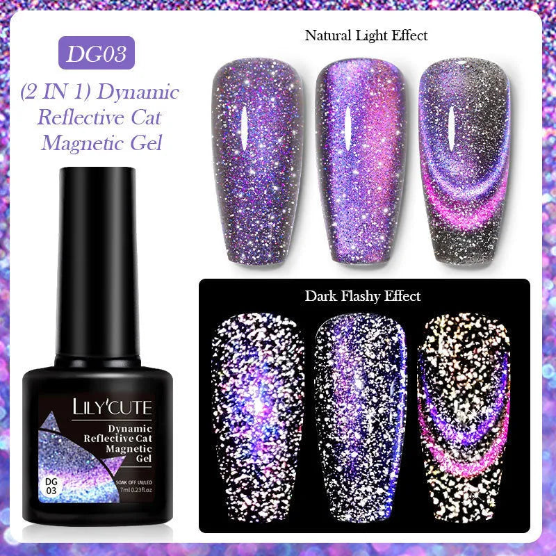 Cat eye series nail polish gel bottle showing diamond glitter fragments in one of six available colour options