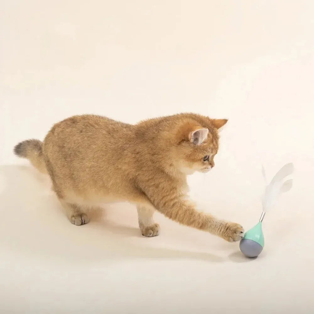 Green and pink feather tumbler cat toy with ABS plastic ball and goose feather attachment