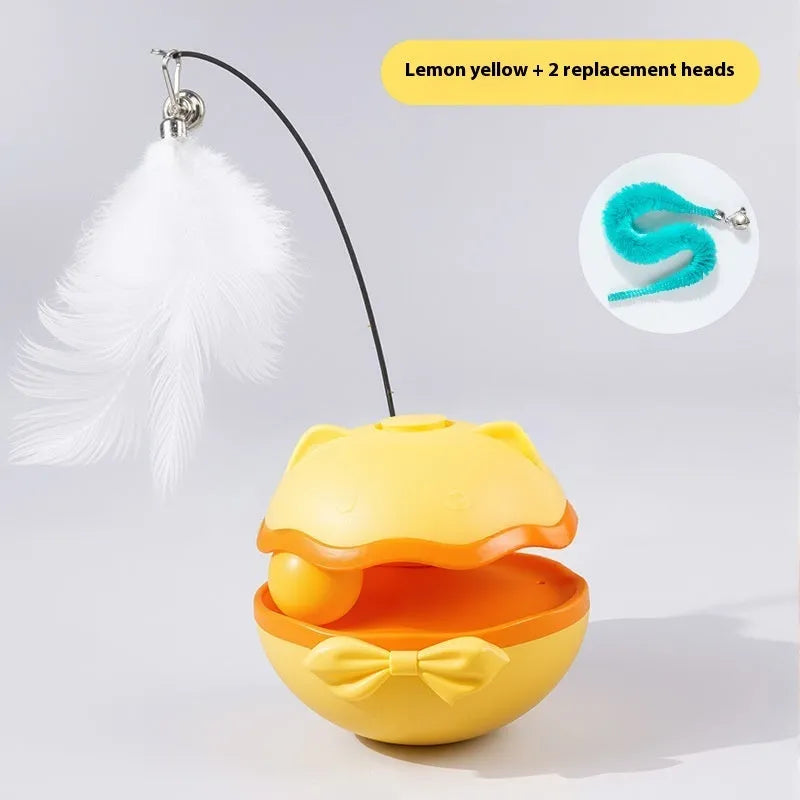 Electric self-righting cat tumbler toy in lemon yellow, sky blue, and soft fog grey colour options.