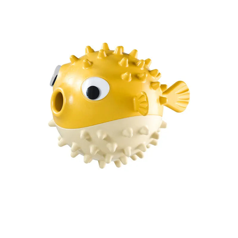 Fish-shaped TPR dog toy with treat dispenser in green, red, or yellow colours