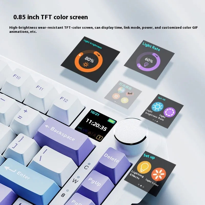 Black, grey and yellow three-mode wireless mechanical keyboard with 75% layout and included accessories