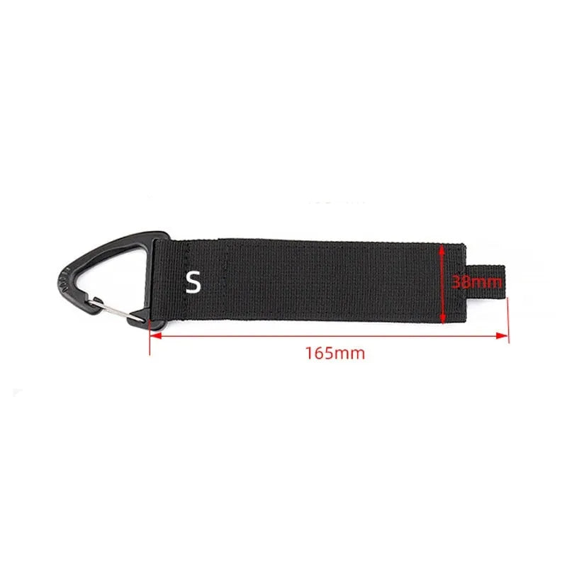 Black heavy-duty gravity storage strap with metal carabiner hook for garages and outdoor travel