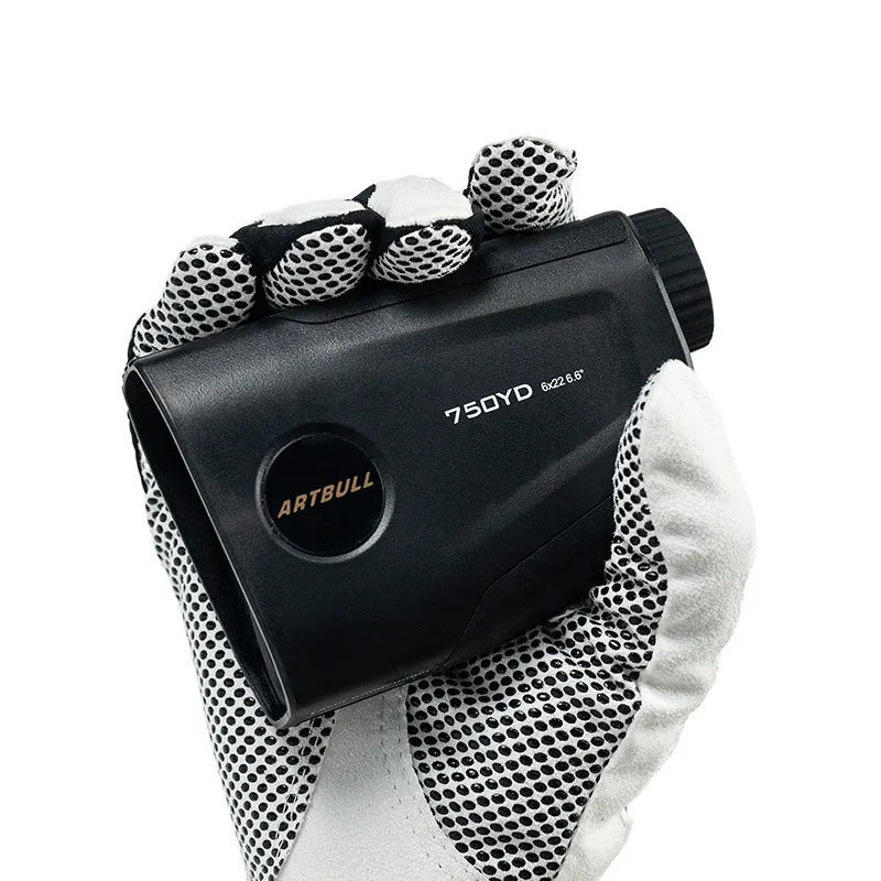 Rechargeable golf laser rangefinder with LCD display showing 750 yard range and flag lock vibration feature
