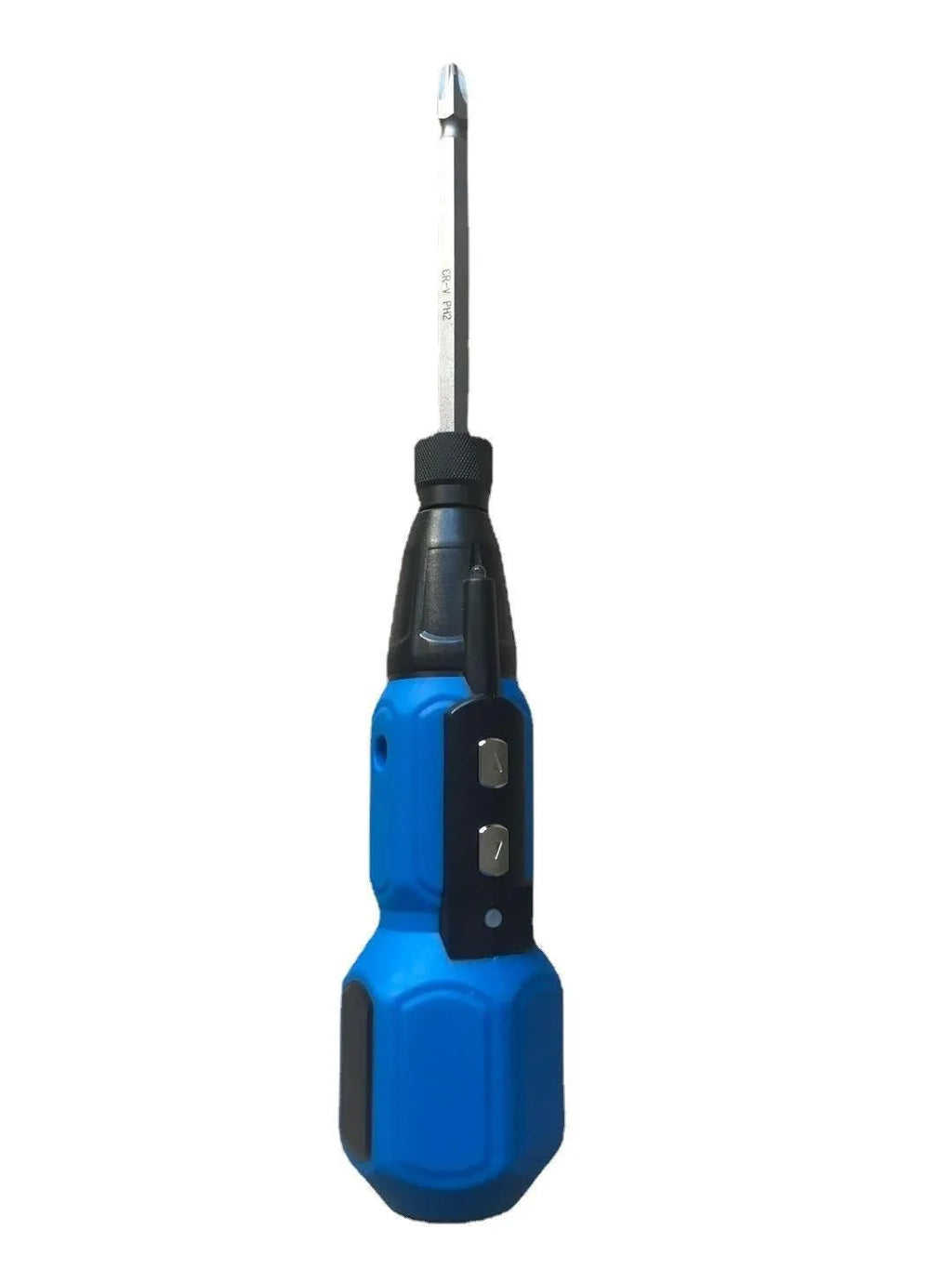 Black and blue 36V rechargeable electric screwdriver with a straight alloy steel handle.