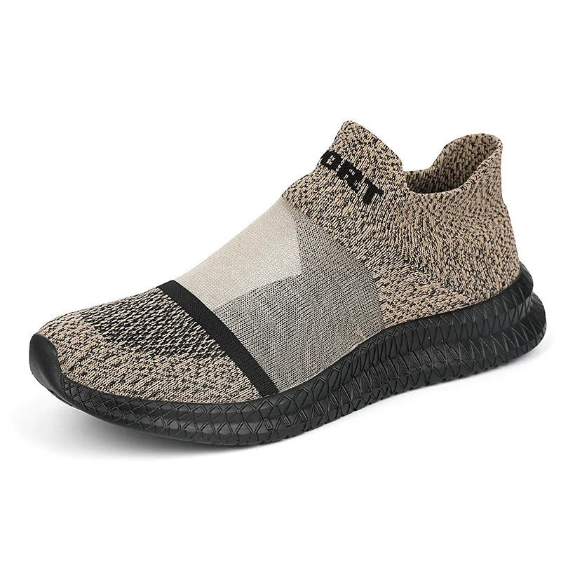 Flyknit woven sock shoes in khaki colour with lace-up closure and MD sole for casual wear and hiking