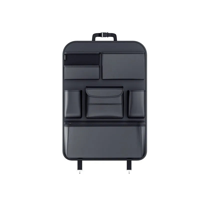 Black leather car seat back hanging storage bag with handle in two size options