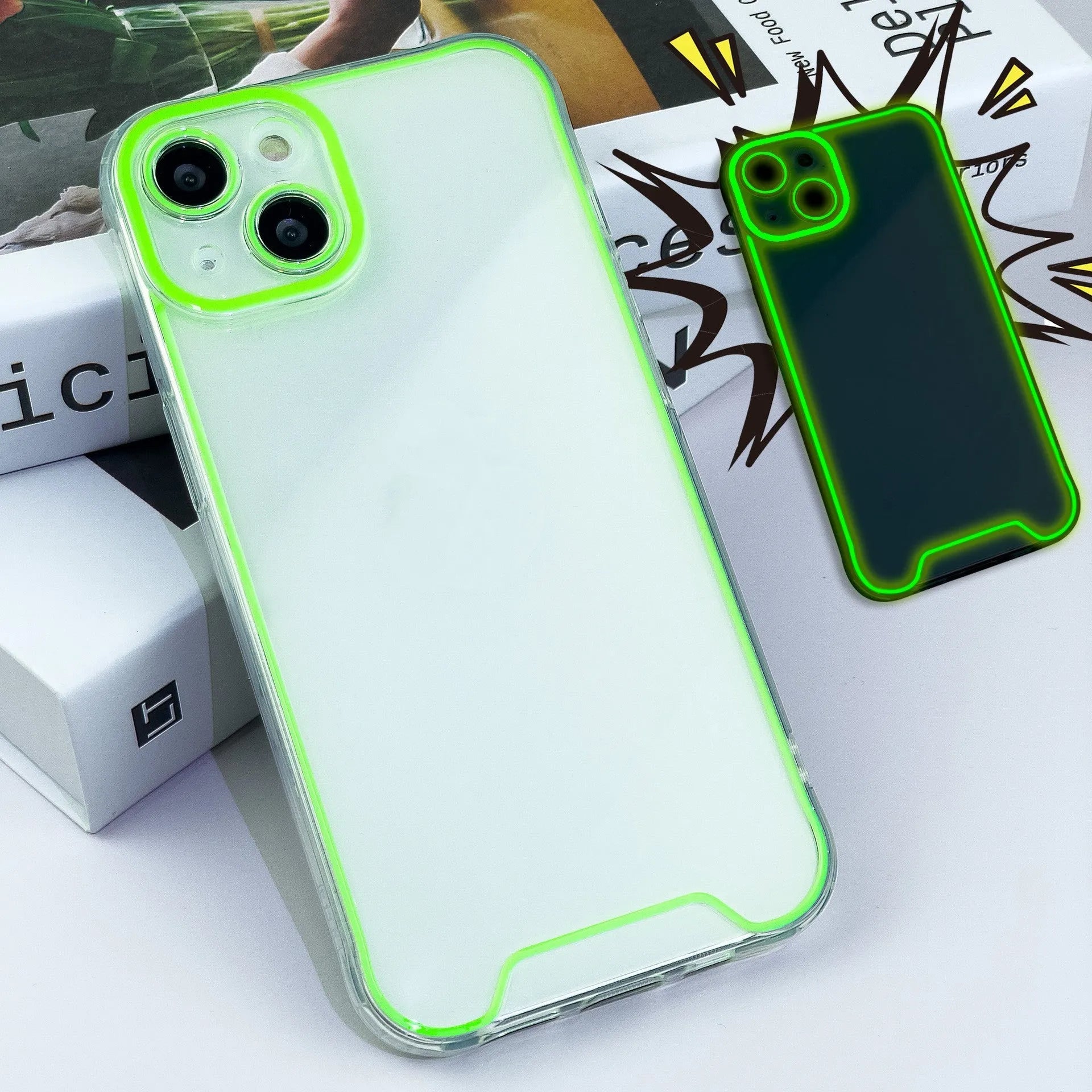Glow in the dark green Christmas soft shell iPhone case on a table.