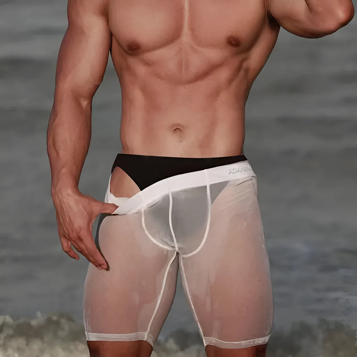 Men's mesh home shorts in black, seamless construction with hip-lifting design