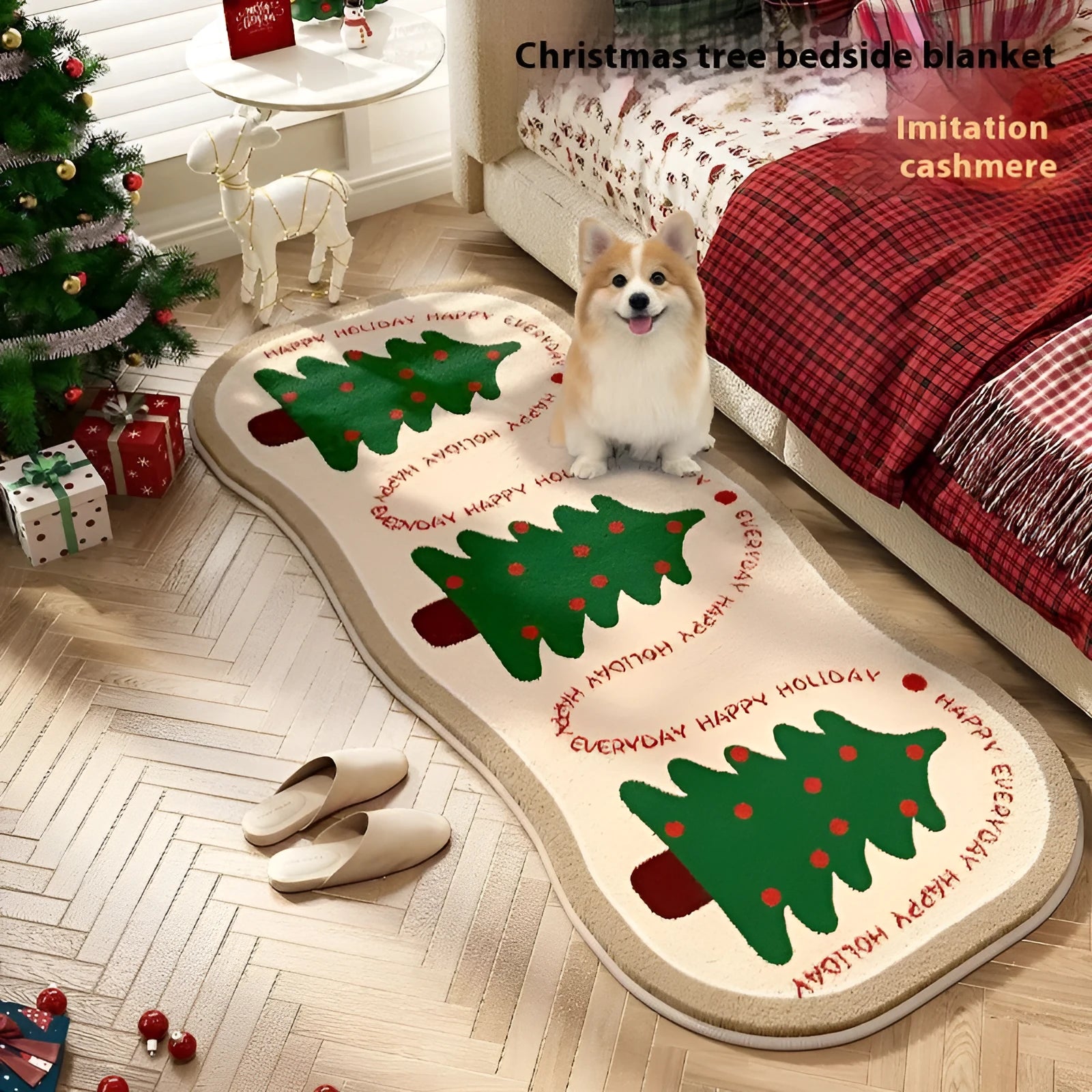 Christmas cashmere carpet decoration in imitation cashmere with festive patterns including ginger cake bear and Christmas tree designs