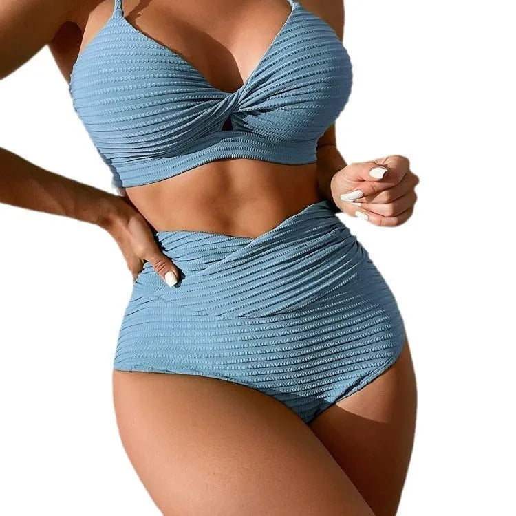 Women's solid colour polyester bikini two-piece swimsuit shown in blue, navy, olive green, and orange red