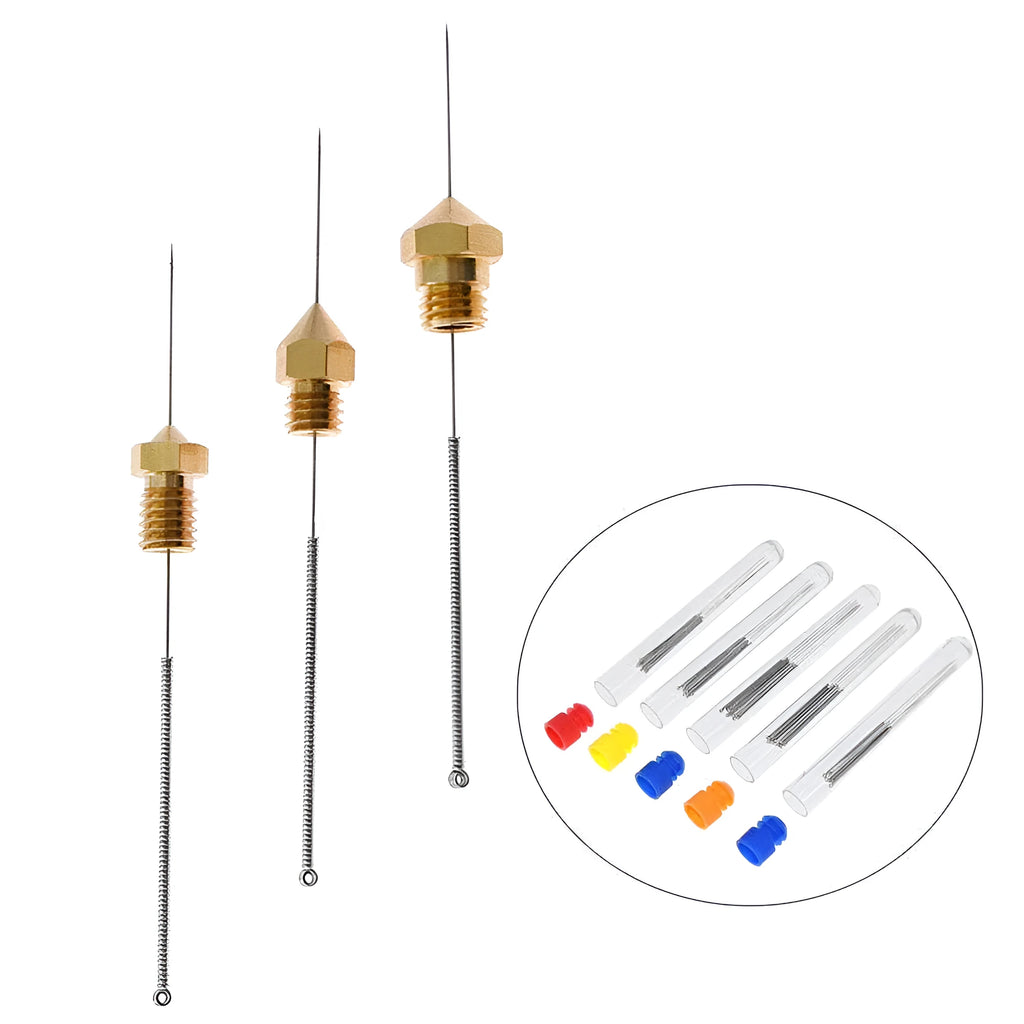 Ten Mk8 E3D format 3D printer nozzle cleaning needles in five diameter sizes from 0.2mm to 0.4mm