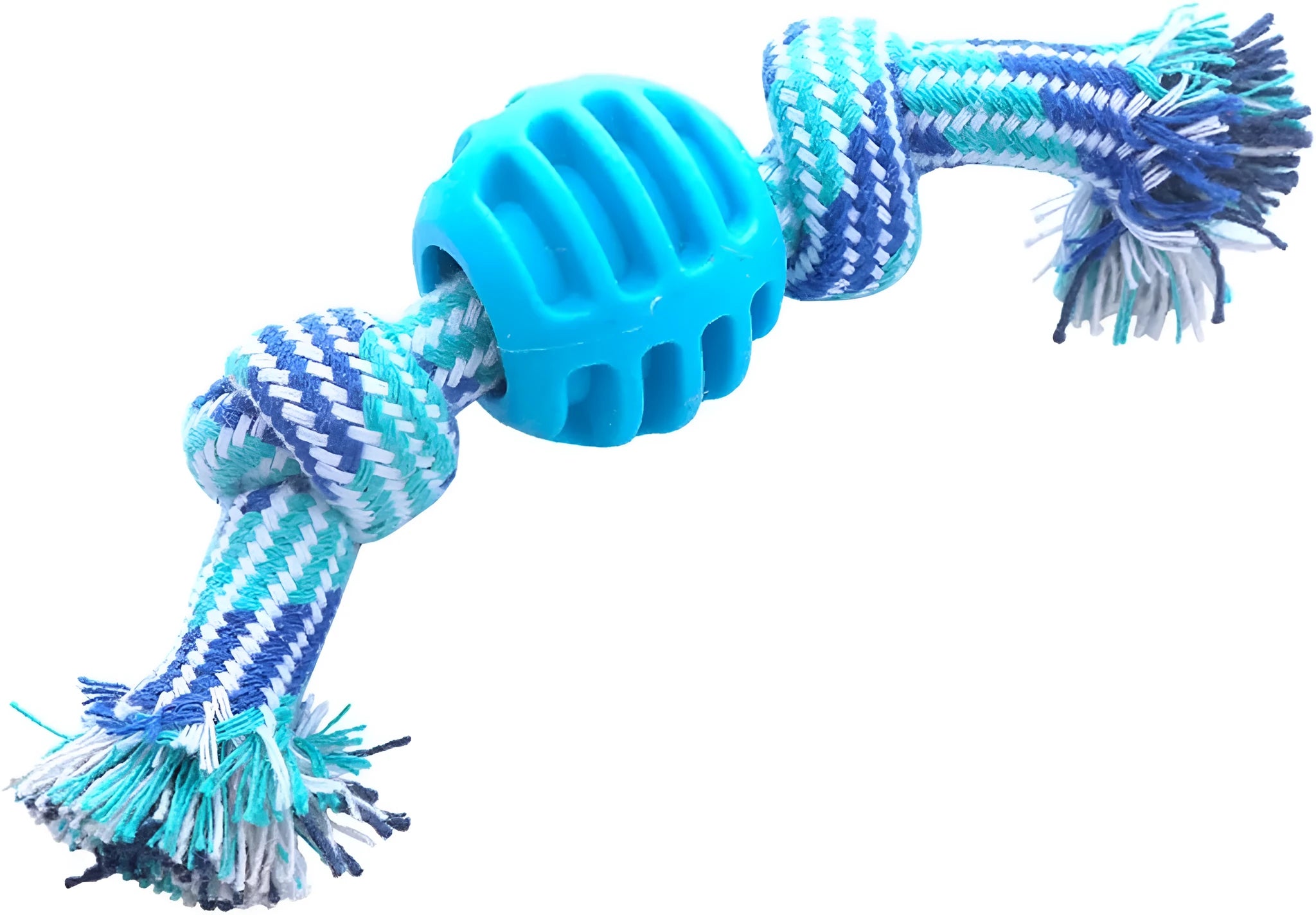 Blue dog chew toy with rope centrepiece for dental cleaning, approximately 9.5 cm diameter