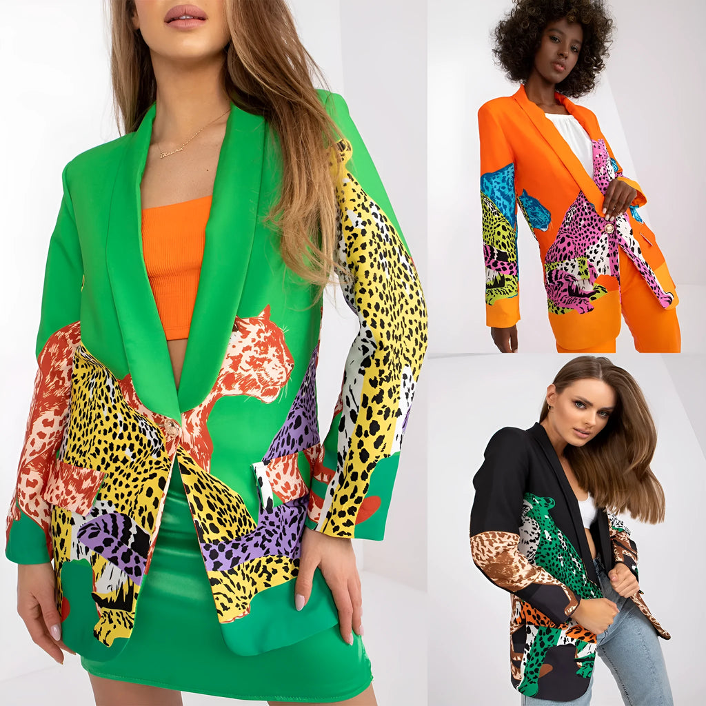 Leopard print contrast colour slim fit long suit jacket for women, 65cm medium length, long sleeve, available in black, orange, glittering powder and emerald green.