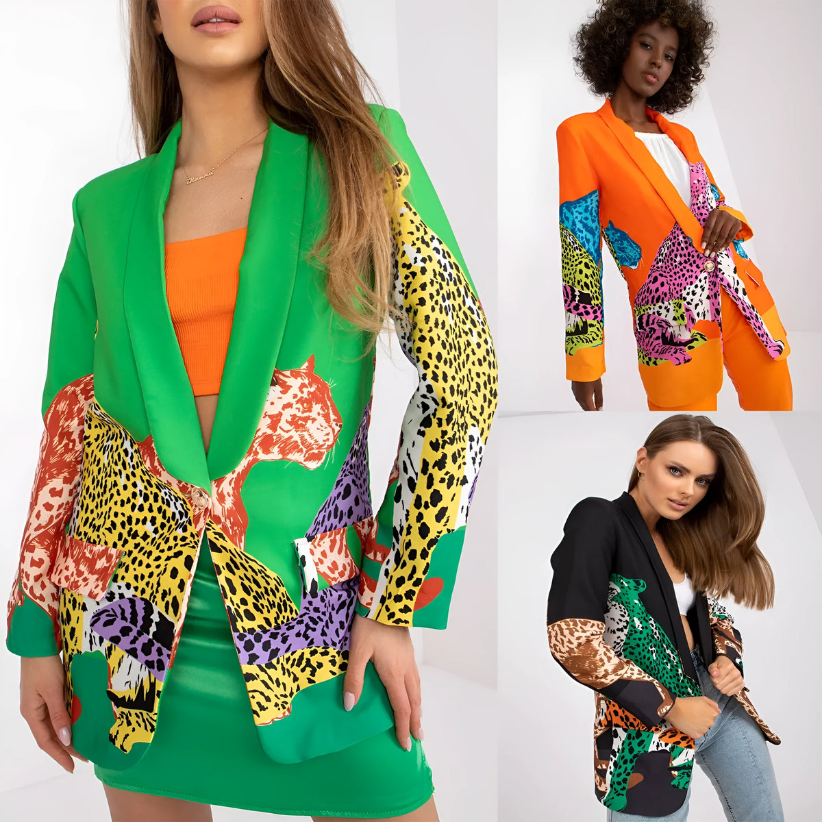 Leopard print contrast colour slim fit long suit jacket for women, 65cm medium length, long sleeve, available in black, orange, glittering powder and emerald green.