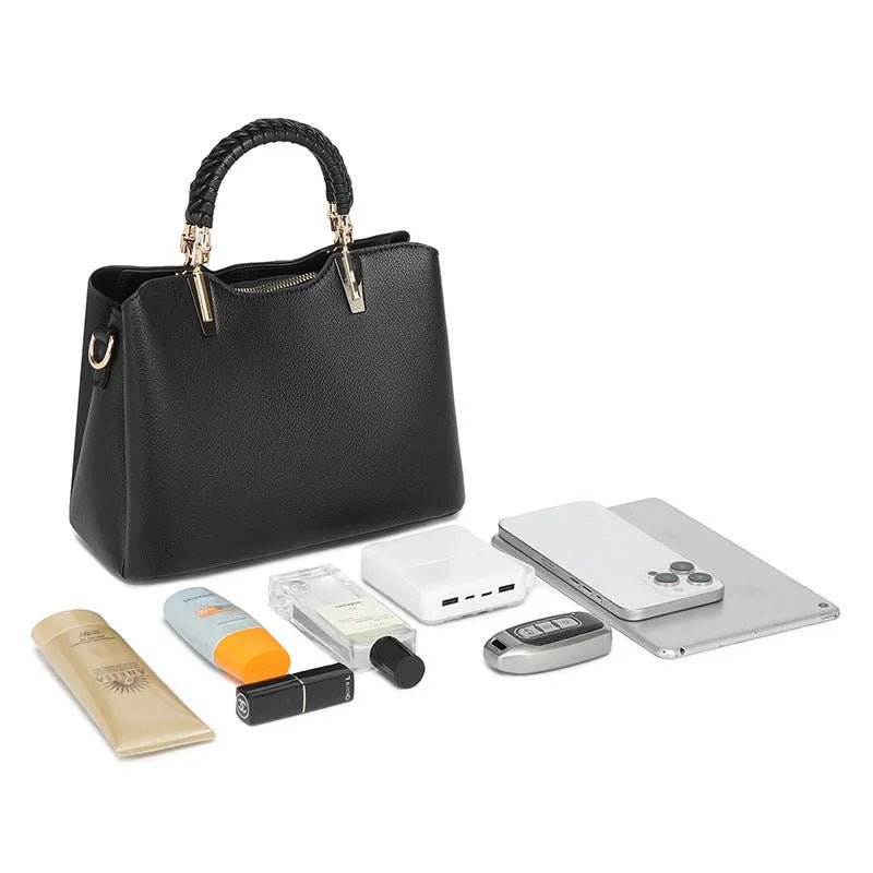 PU ladies handbag 25x12x19cm with single shoulder strap, zip pockets and contrast stitching