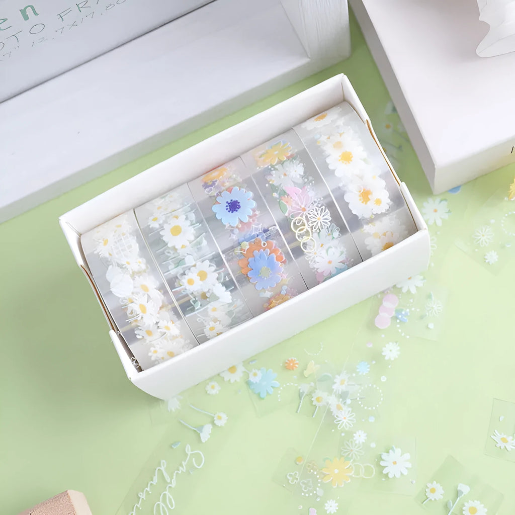 Five rolls of transparent decorative adhesive tape with Midsummer Daisy pattern for diary decoration