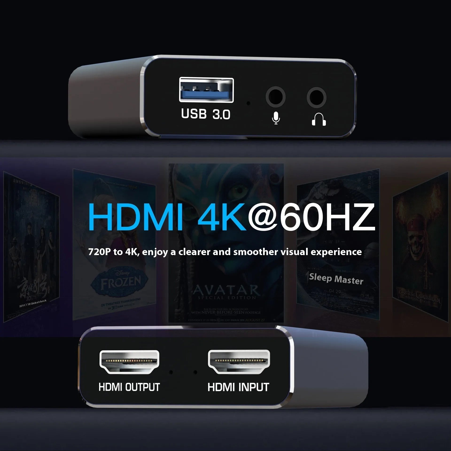 Black 4K gaming set-top box with MS2131 chip for 1080 video recording
