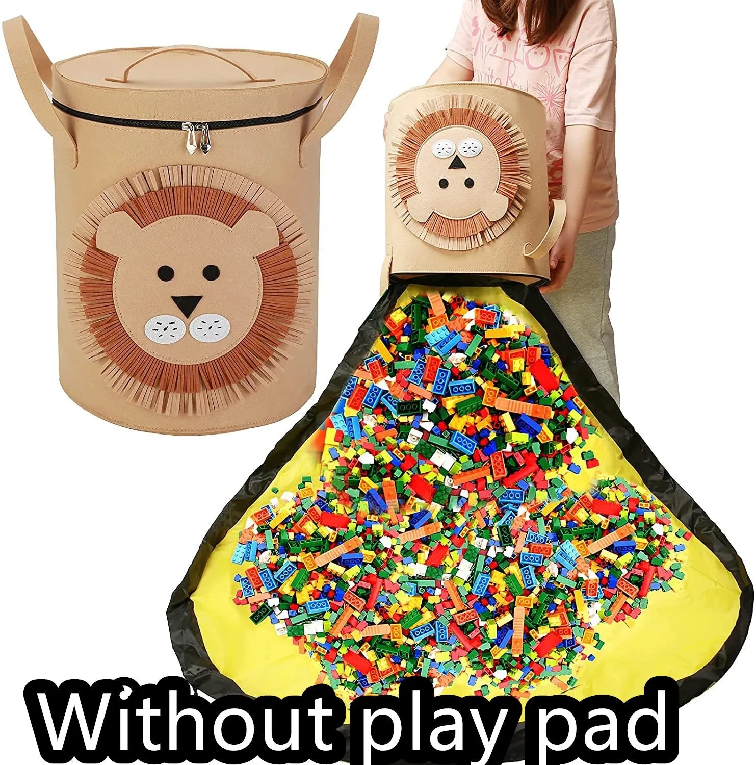 Green felt cube storage bag with pull rope that converts into a flat play mat for toys.