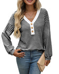 Women's loose fit apricot V-neck long sleeve pullover top with patchwork design detail on front.