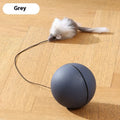 Automatic cat teasing ball toy with plush mouse attachment in blue orange and dark grey colour options