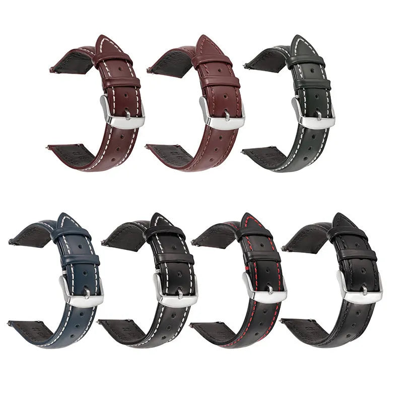 Quick release cowhide leather watch strap with stainless steel buckle in multiple colour options.
