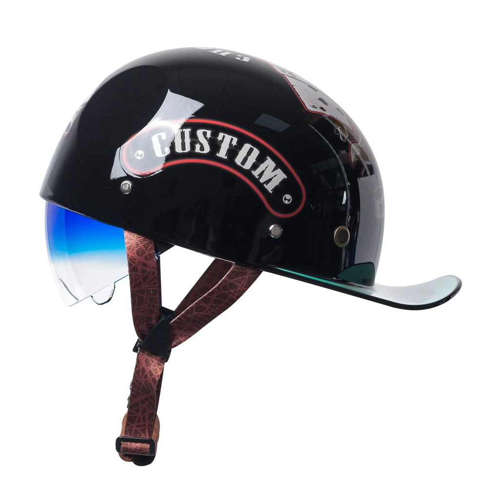 Men's retro-style half helmet for electric bicycles in bright black gradient blue colour