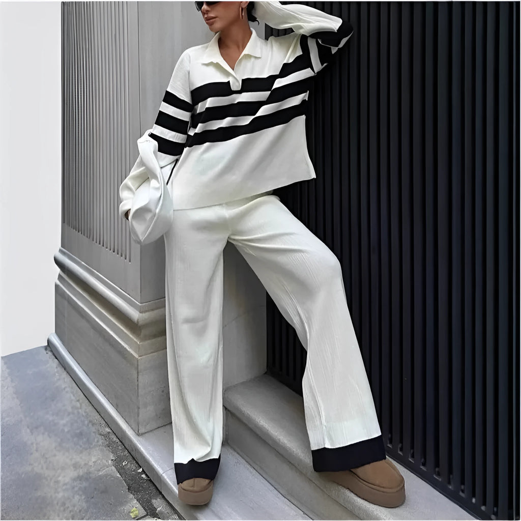 Women's black and white striped polo collar two-piece set with long sleeve shirt and trousers