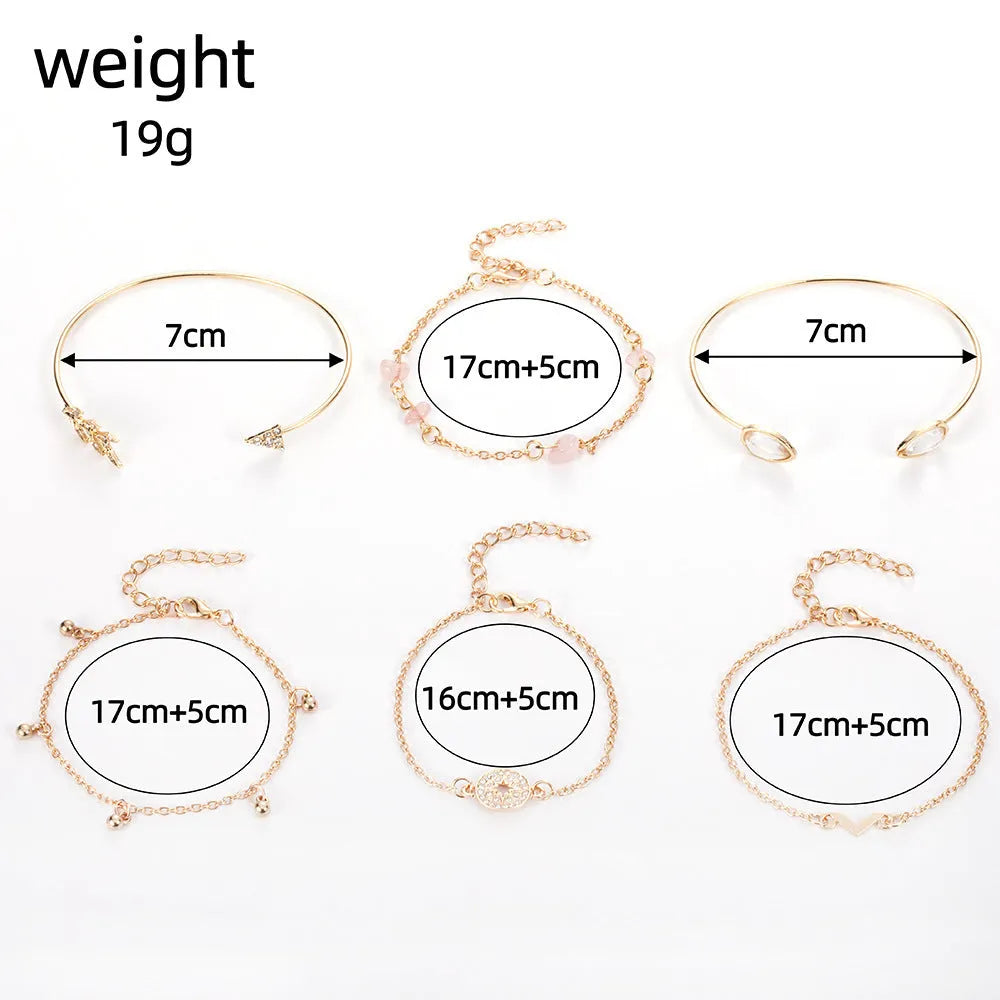 Golden spot finish zinc alloy bracelet set with six pieces featuring arrow, water drop and V-shaped geometric designs