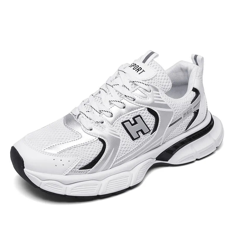 Men's mesh running shoes in black, white and gray, or white orange colours with plastic sole