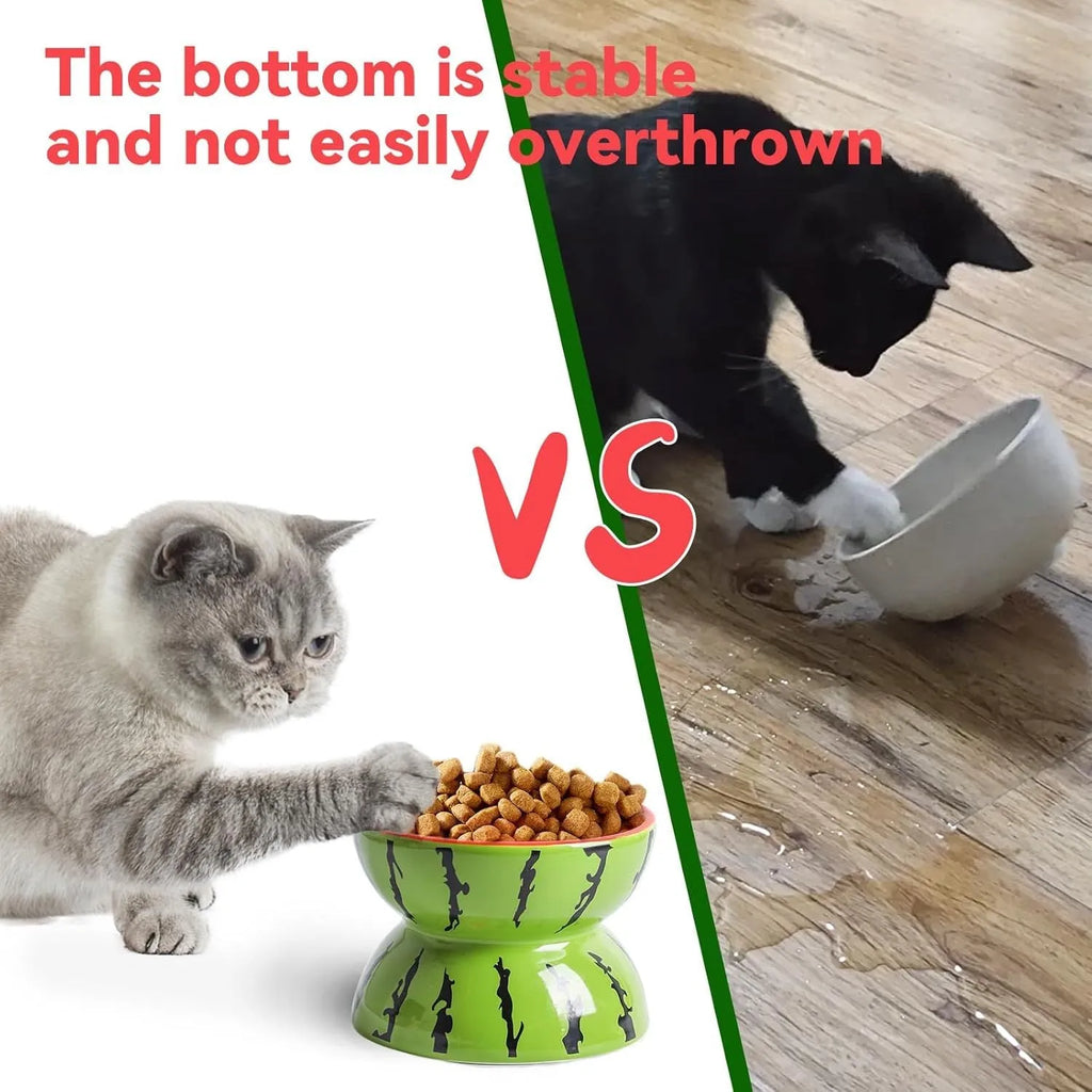 Ceramic raised cat bowl with tilted wide rim design in orange pattern for indoor cats