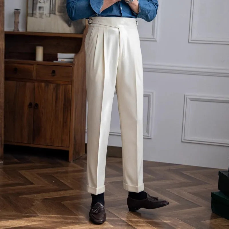 Men's high waist straight leg casual trousers in four colours with waist sizing from 28 to 36 inches