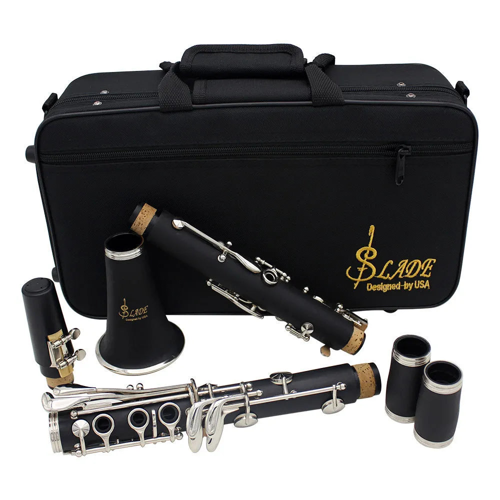 Black Bakelite beginner clarinet with 17 nickel-plated keys and protective bag