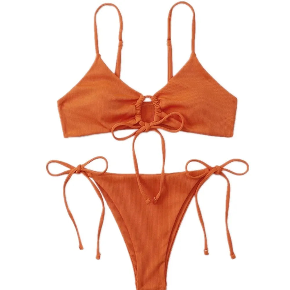 Women's drawstring bikini swimsuit in solid colour with spandex lining