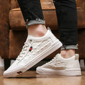 White men's round-toe casual sneakers with lace-up design and flat heel