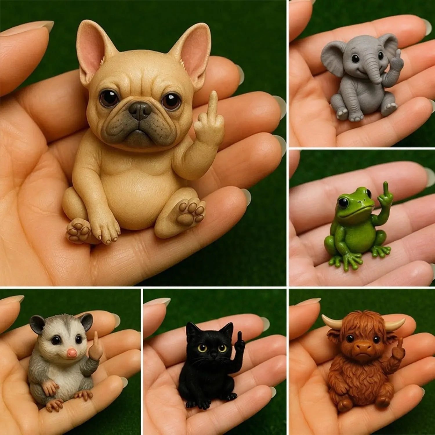 Mini animal vertical middle finger doll resin figurine in cat, dog, elephant, frog, Highland cattle, mouse, or turtle styles