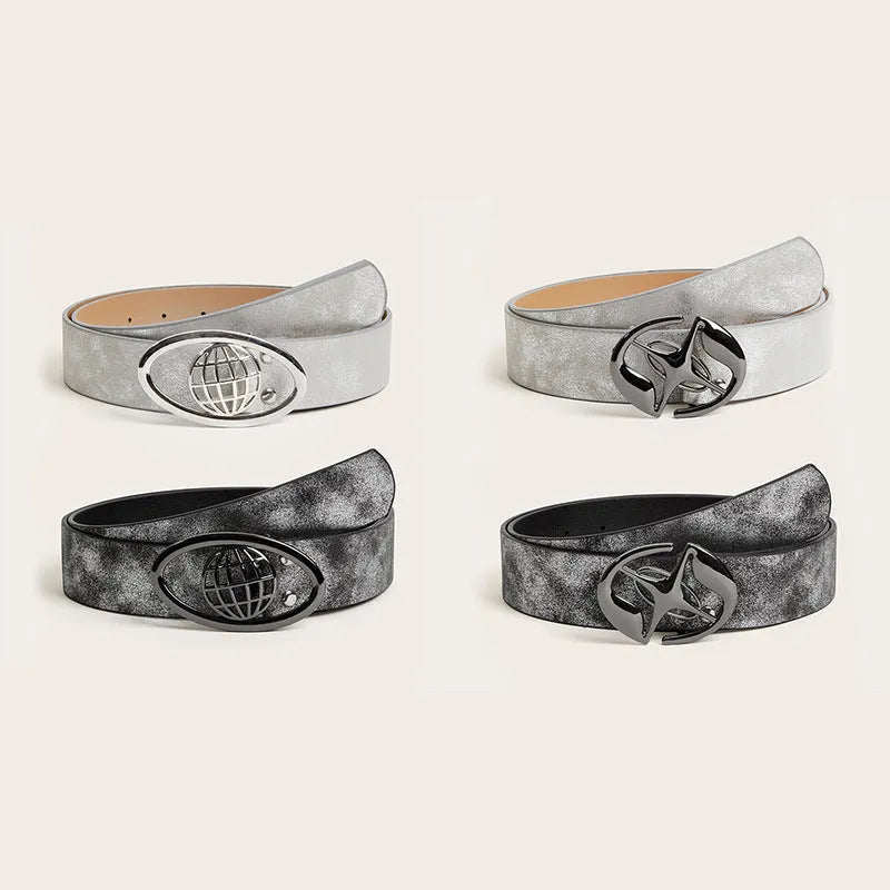 Retro women's belt with oval alloy buckle in thick PU leather