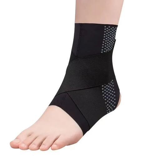 Black Lycra ankle support brace shown on adult ankle with adjustable sizing tab visible